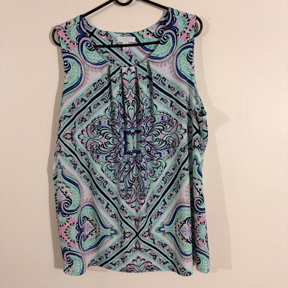 Charter Club Sleeveless Top Woman 2X Multicolor Paisley Pleated Blouse